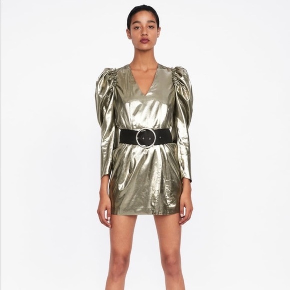 Zara Collection 19 Gold Balloon Sleeve Mini Dress XS - Picture 2 of 10